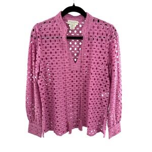 Calypso St Barth Pink Eyelet Cotton V Neck Tassel Tie Long Sleeve Blouse S